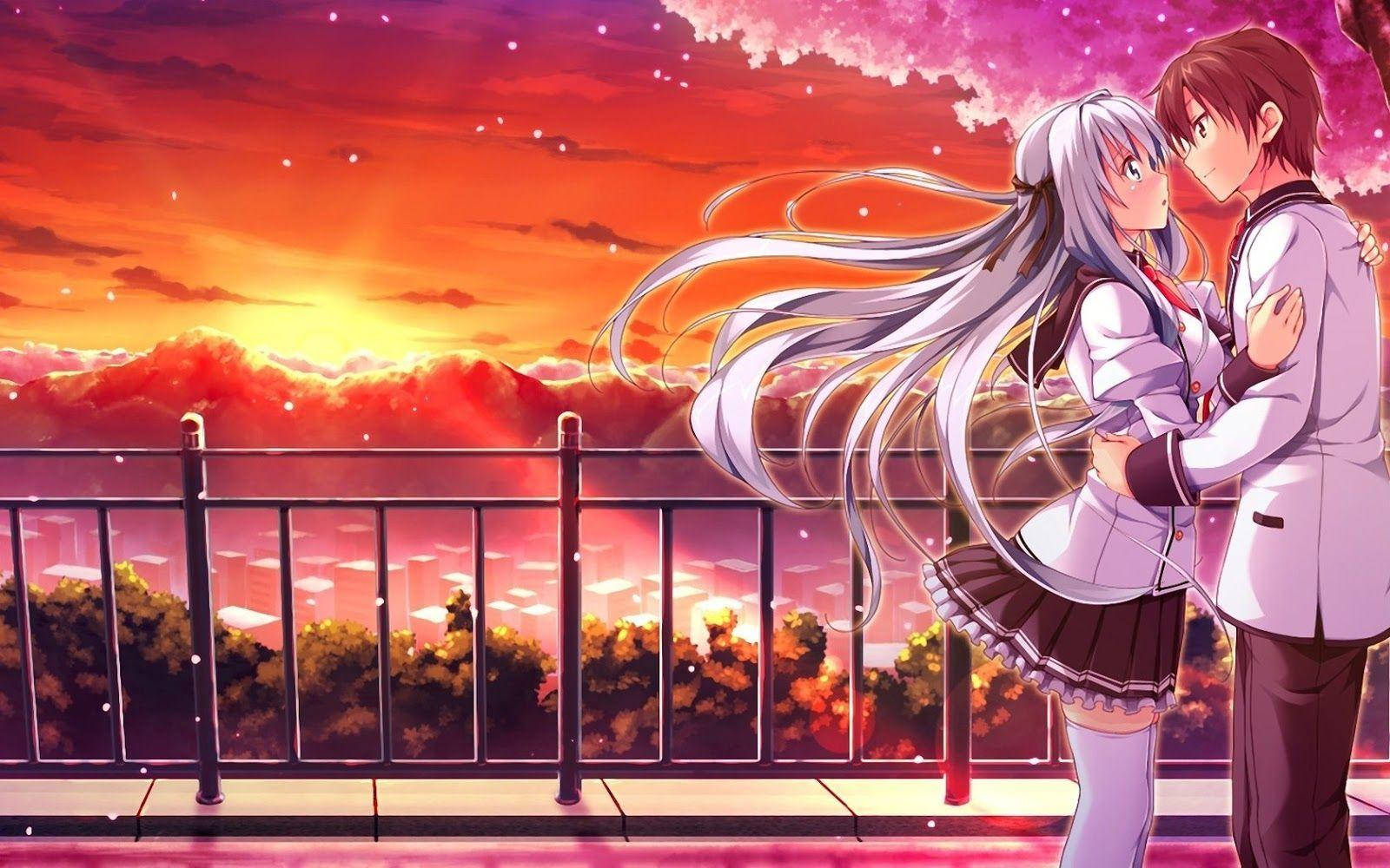 Download Anime School Scenery Cute Couple Rooftop Sunset Wallpaper |  