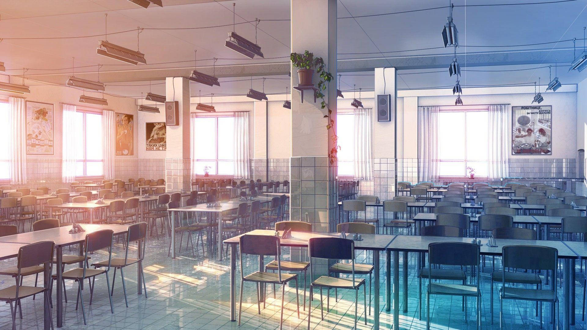 Anime School Scenery Empty Cafeteria At Sunset Wallpaper