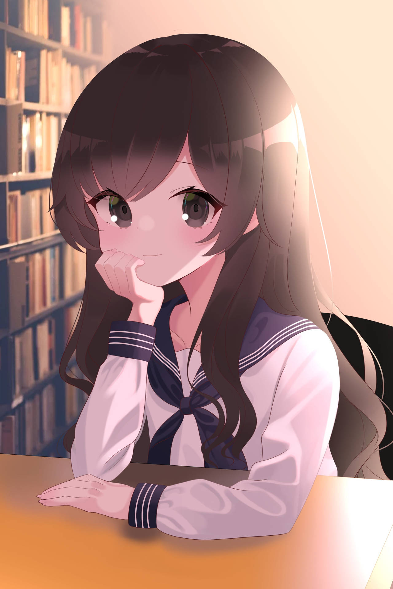 Anime School Scenery Kawaii Girl In Library Wallpaper