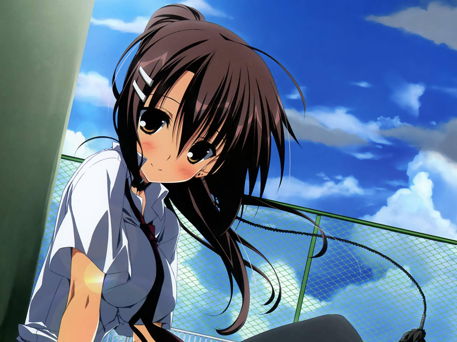 Anime School Scenery Kawaii Girl On Field Fence Wallpaper