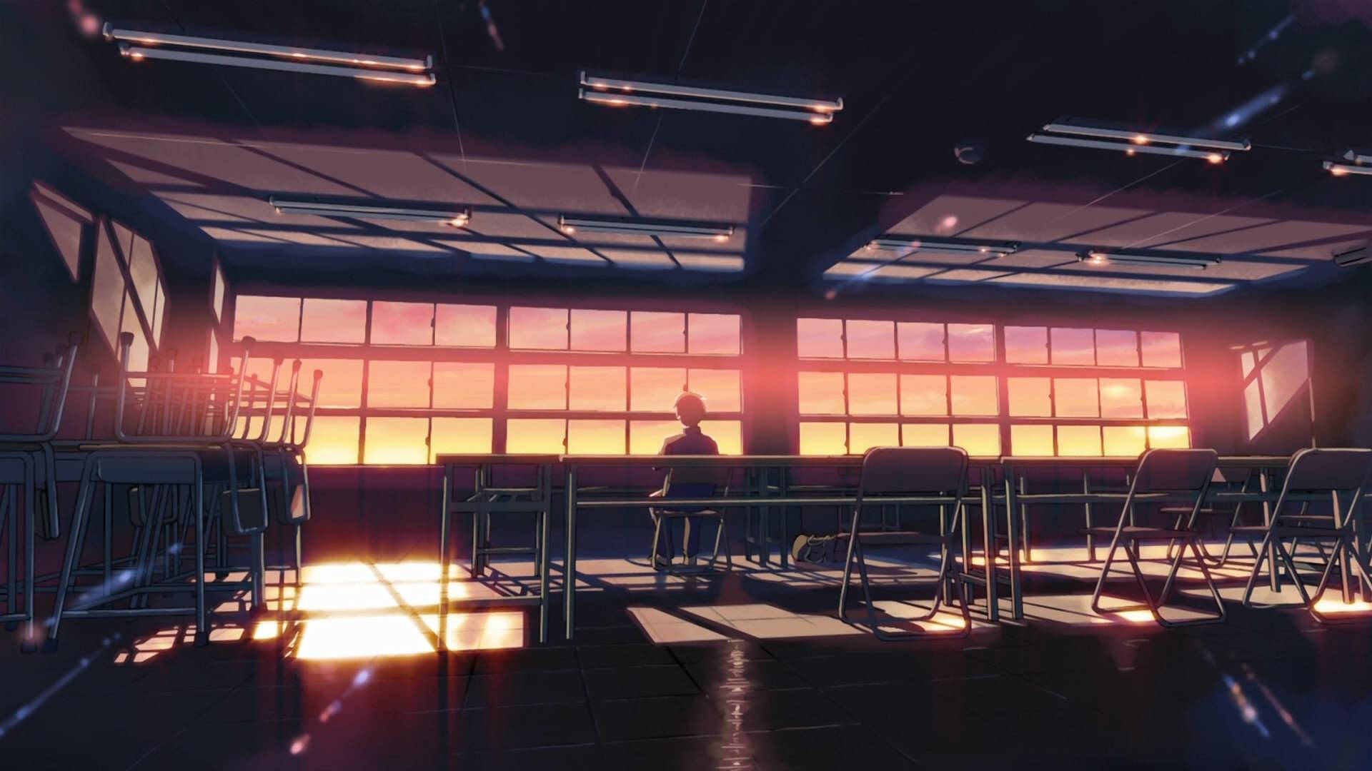 Anime School Scenery Student In Classroom After Hours Wallpaper