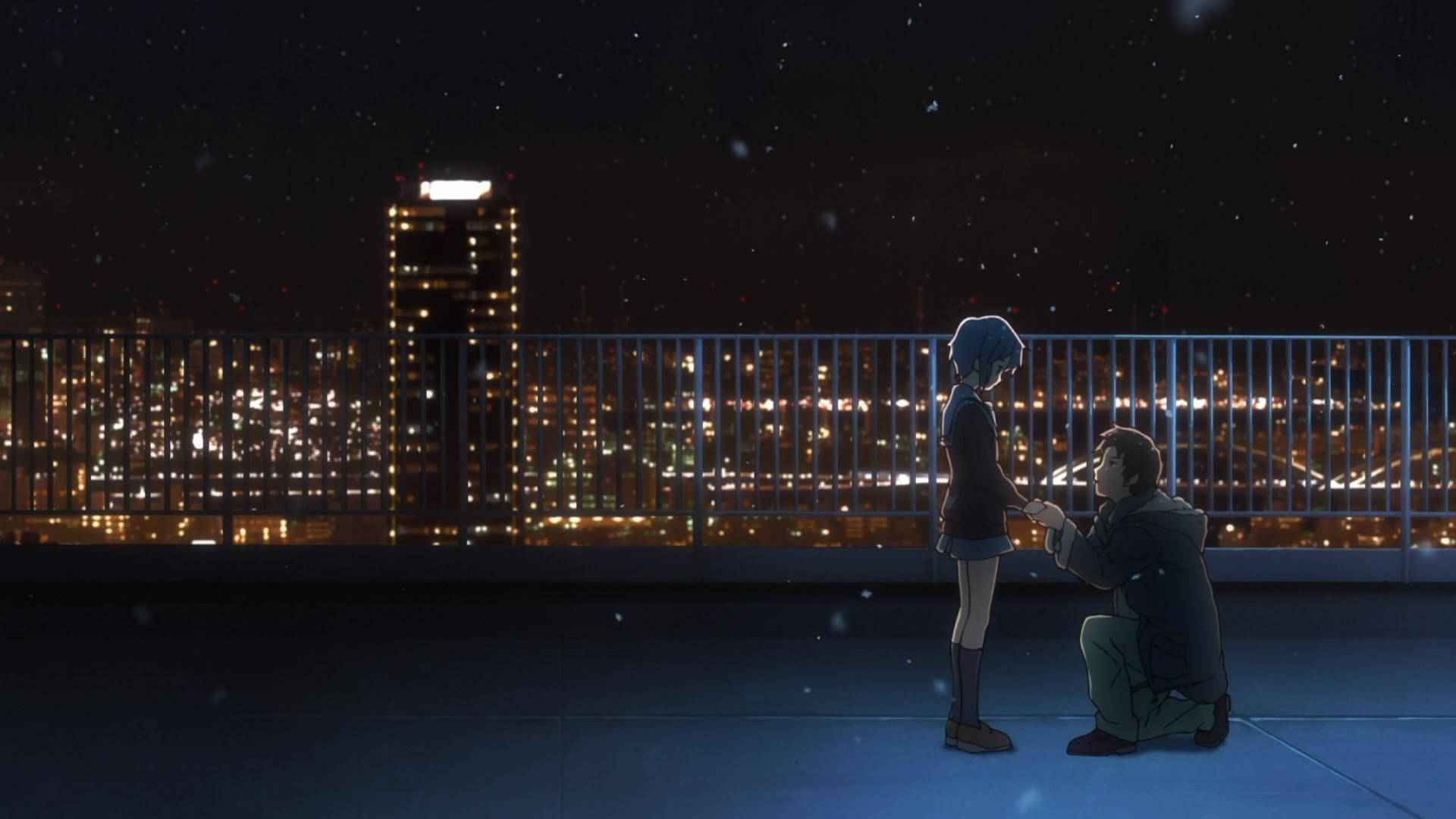 Anime School Scenery Yuki Nagato Kyon At Rooftop Night Wallpaper