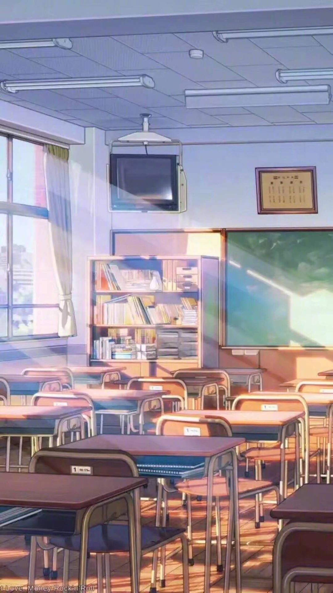Anime Skolelandskab Klasseværelse Med Tv Wallpaper