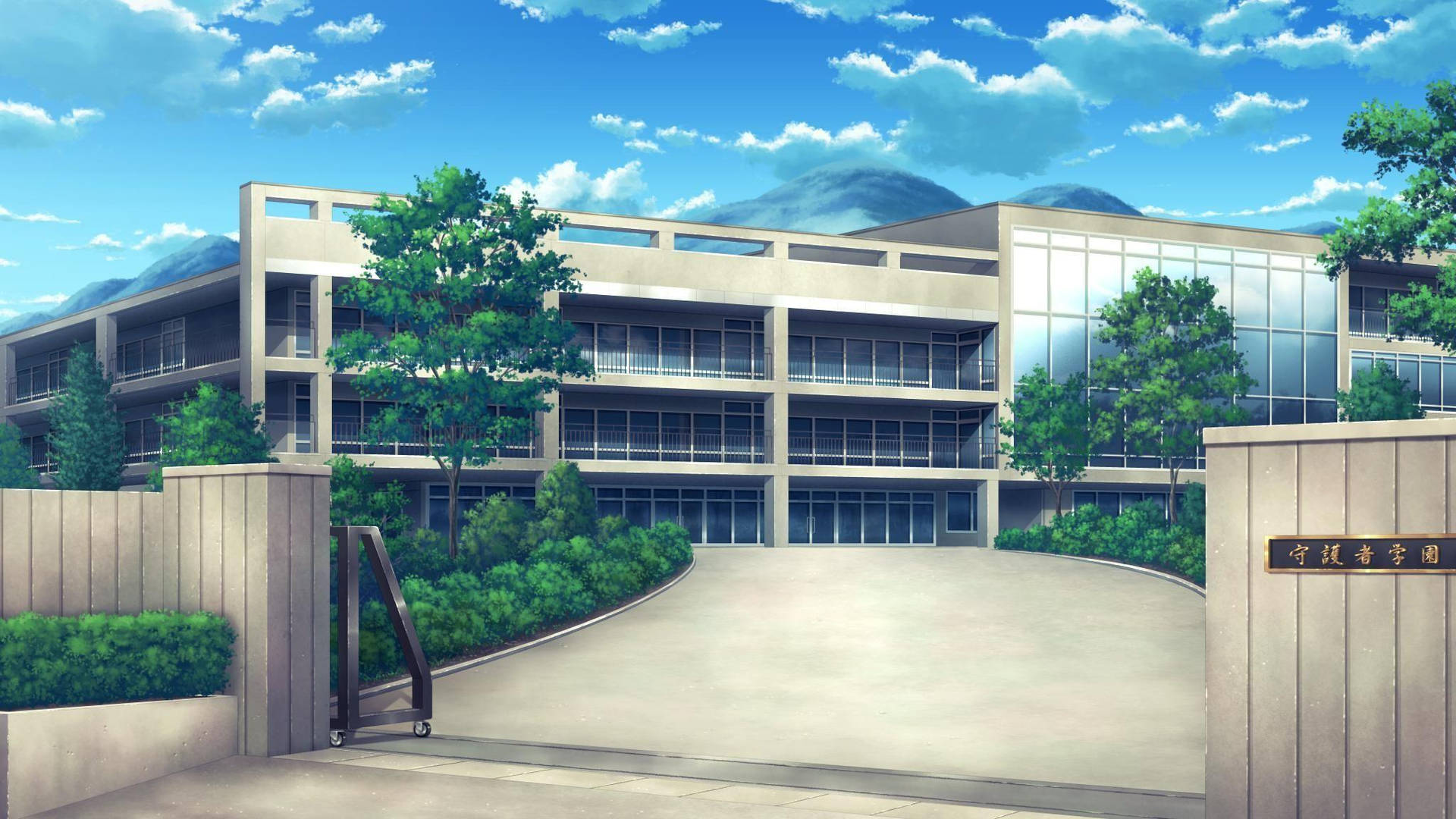 Anime Skolelandskab Op Ad Bakke Indgang Wallpaper