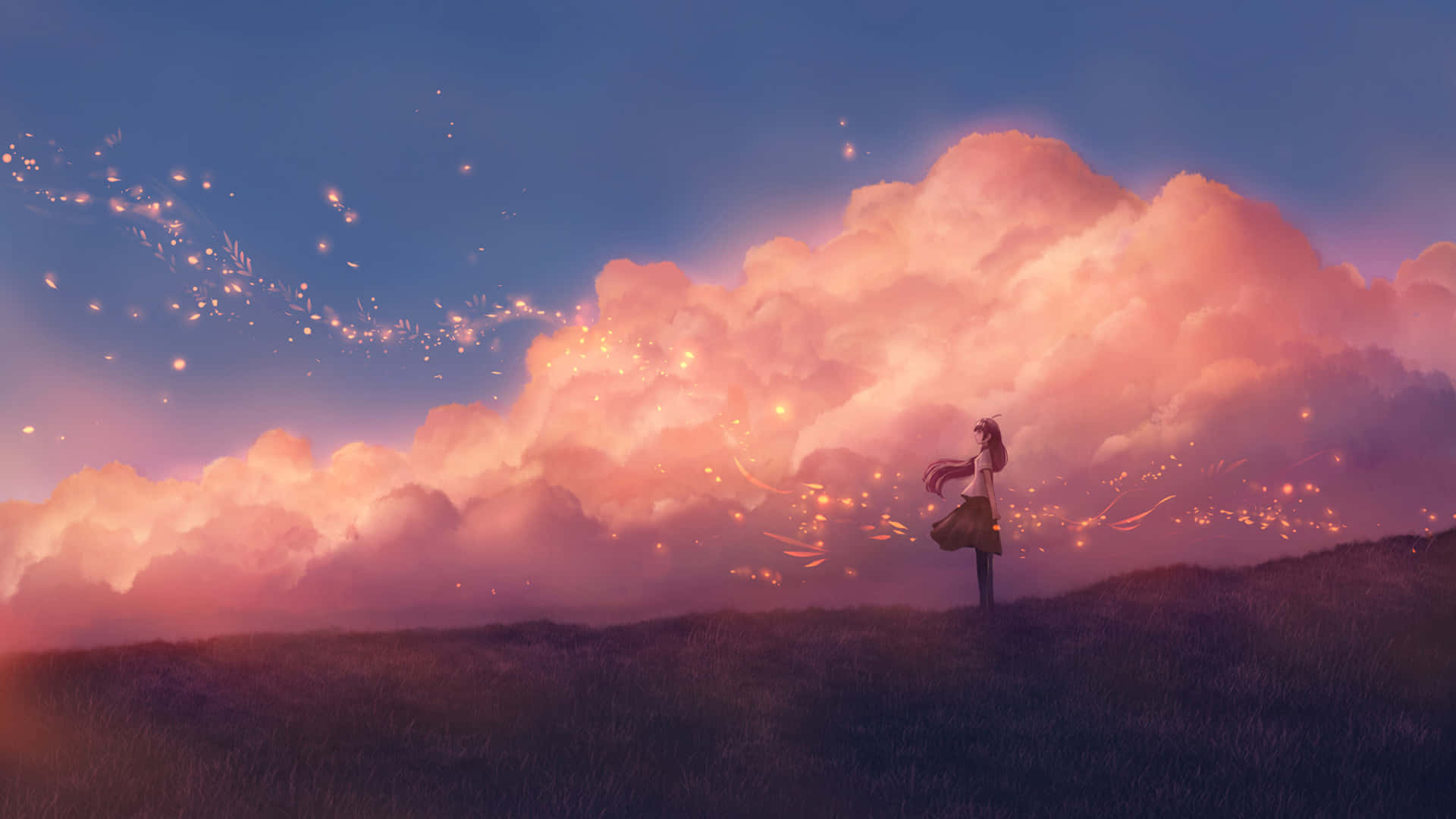 A Girl Is Standing On A Hill With Clouds In The Background