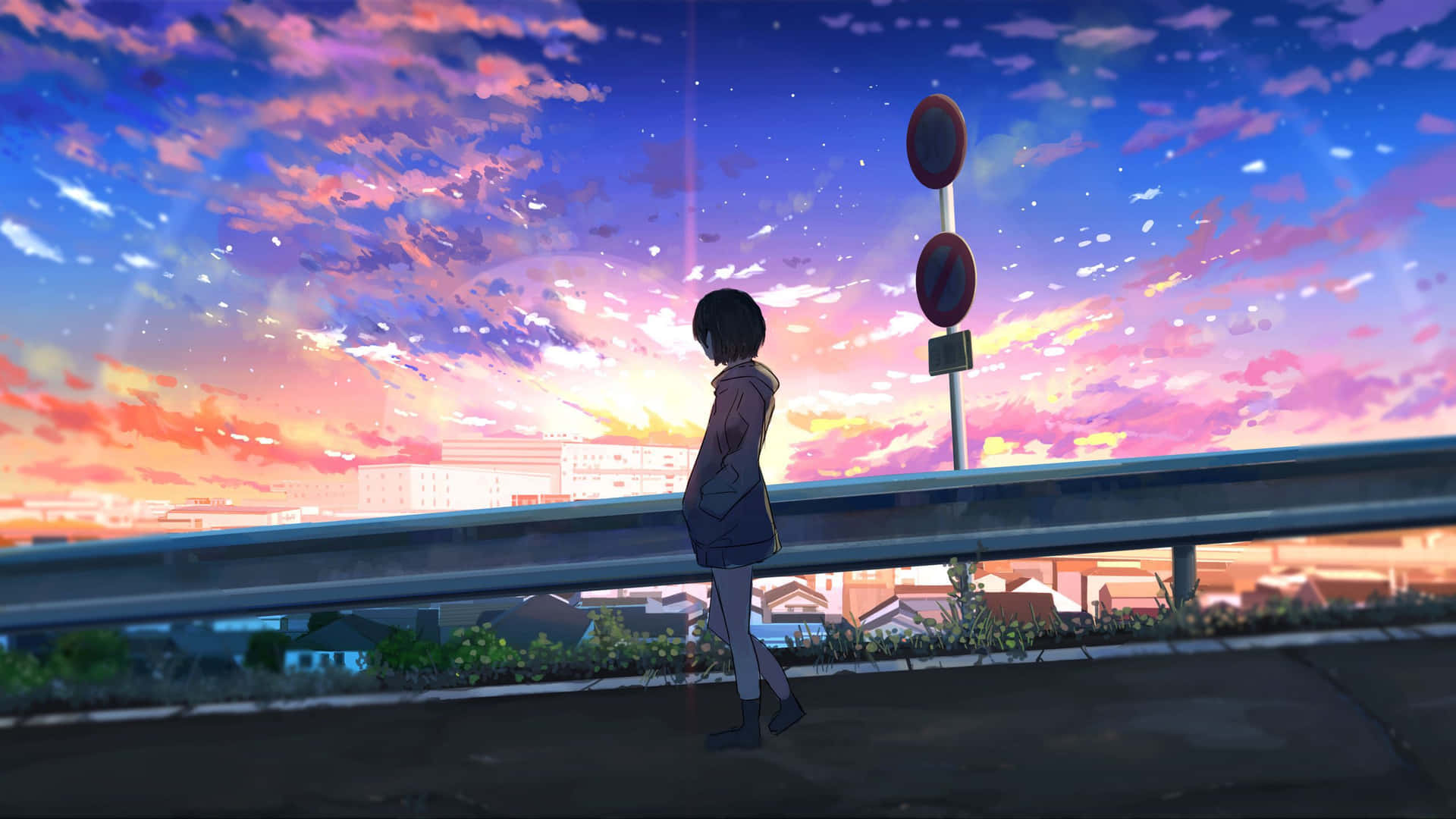 A Girl Is Standing On A Bridge Looking At The Sunset