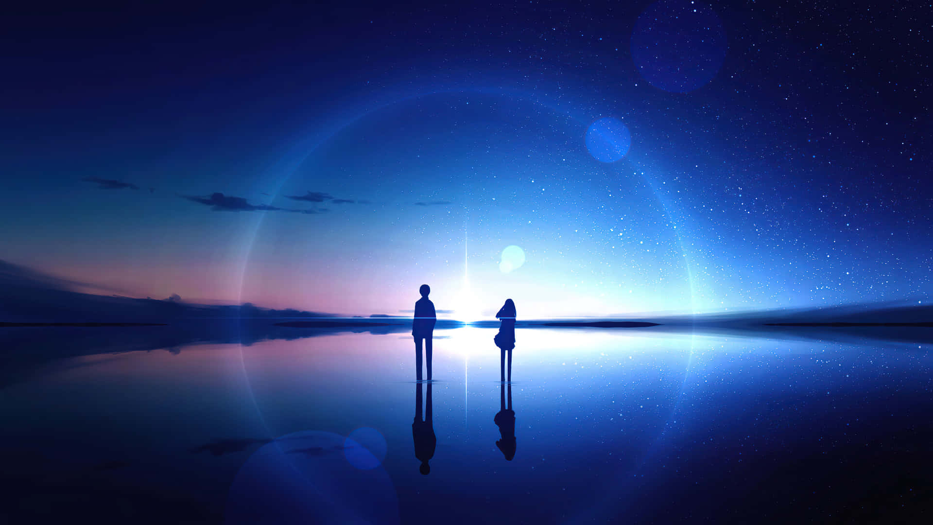 Two People Standing In The Water With A Starry Sky