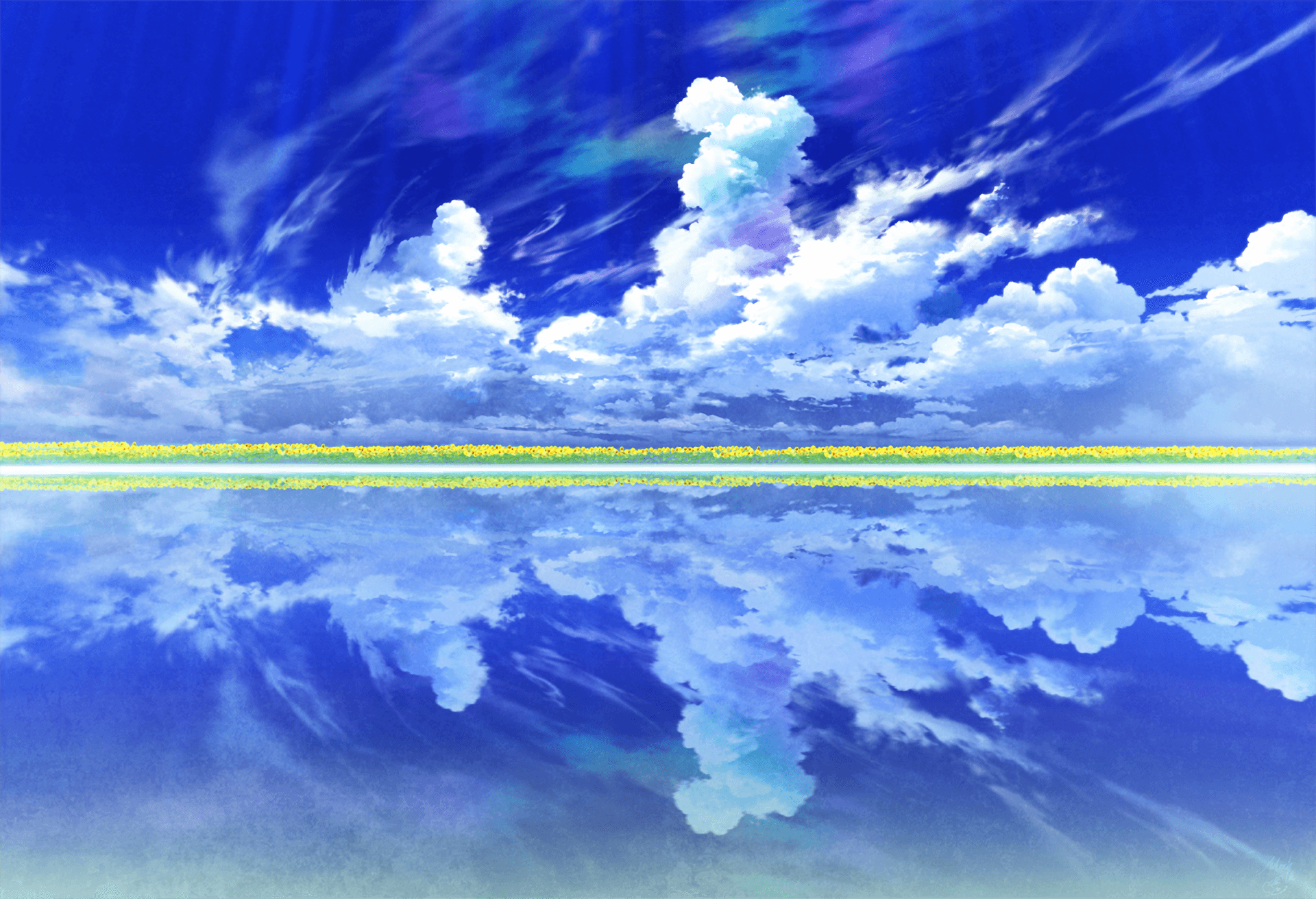 A Blue Sky With Clouds Reflected In The Water