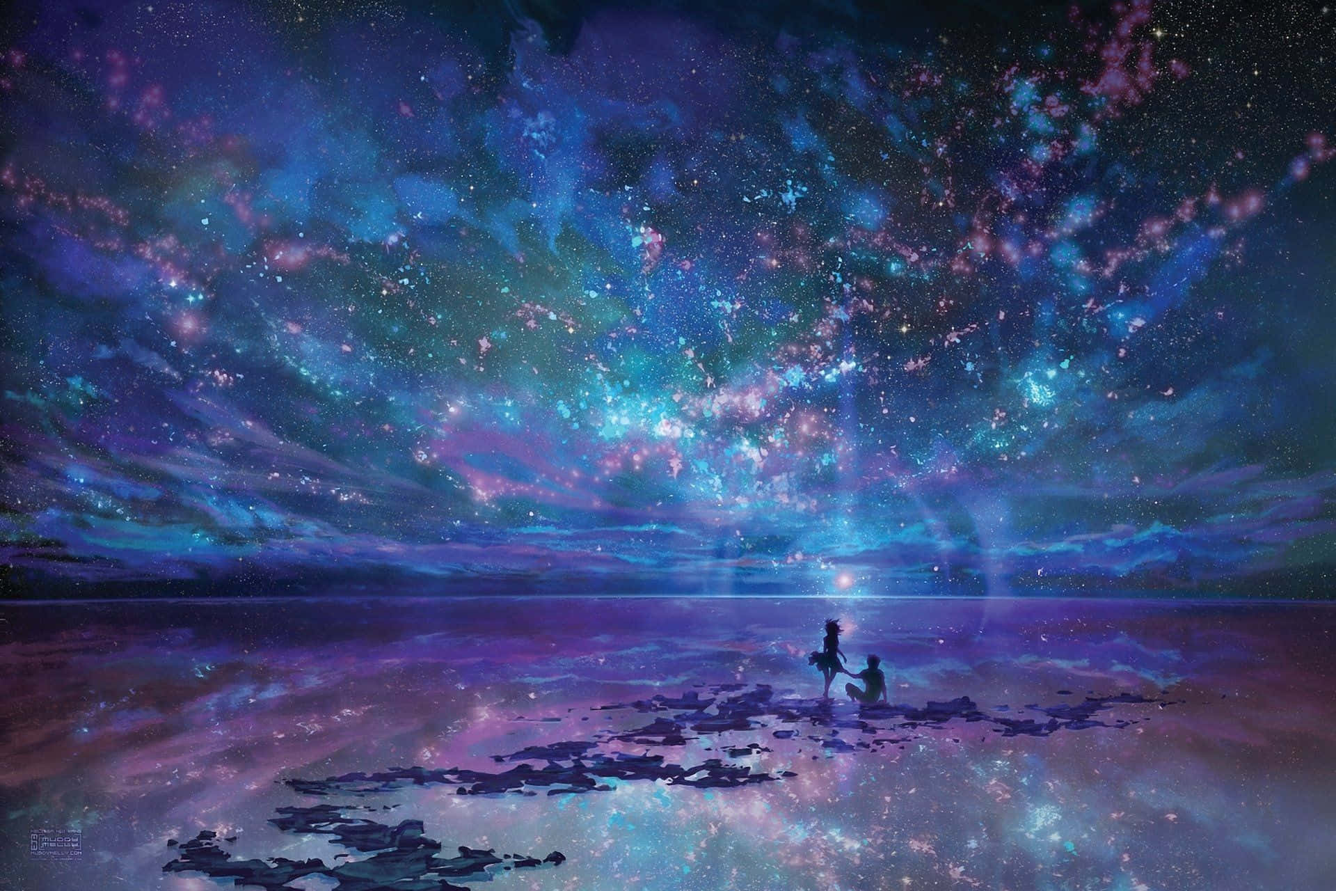 A Painting Of A Person Standing Under A Starry Sky Wallpaper