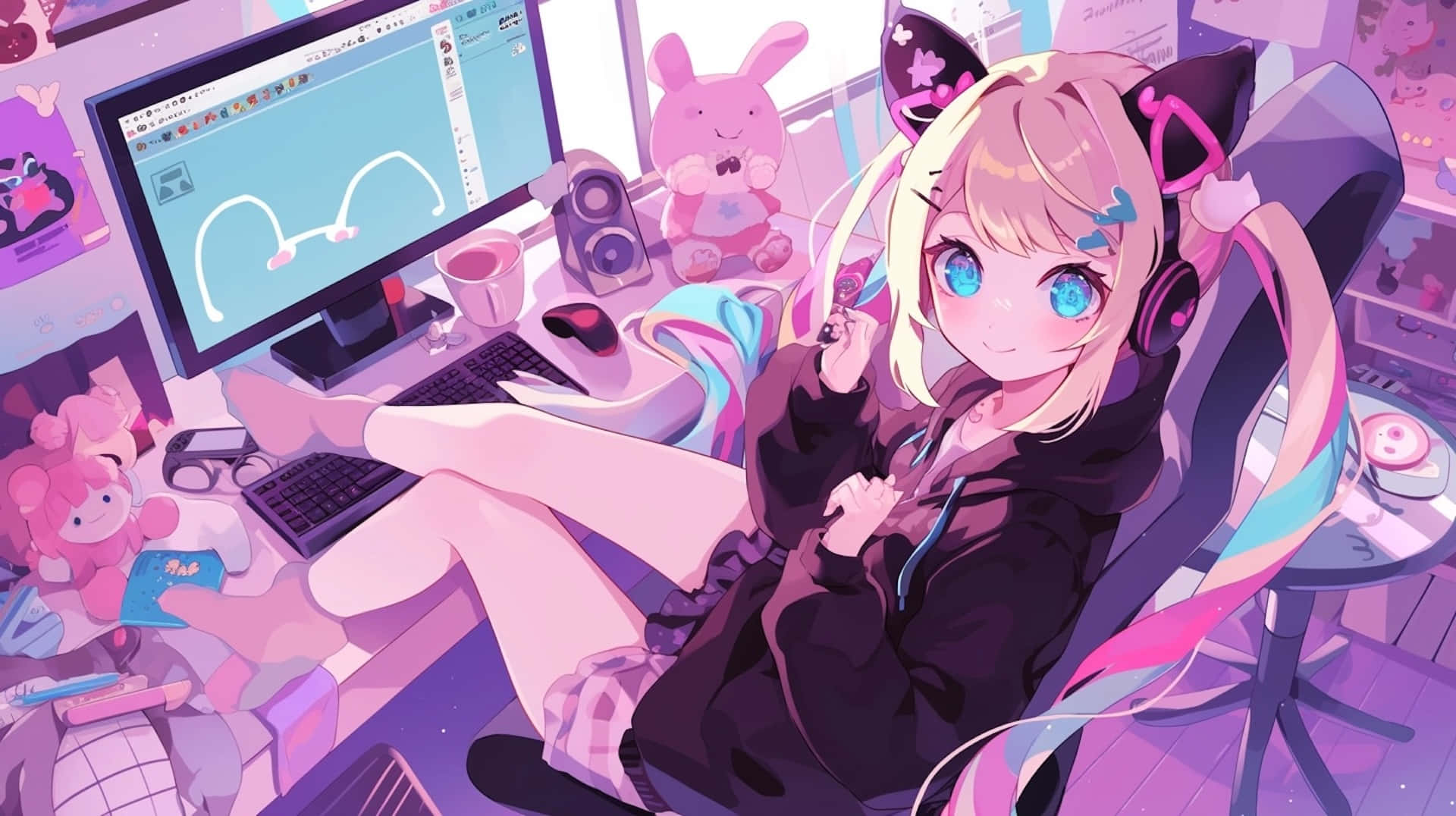 Anime Streamer Girl Gaming Setup Wallpaper