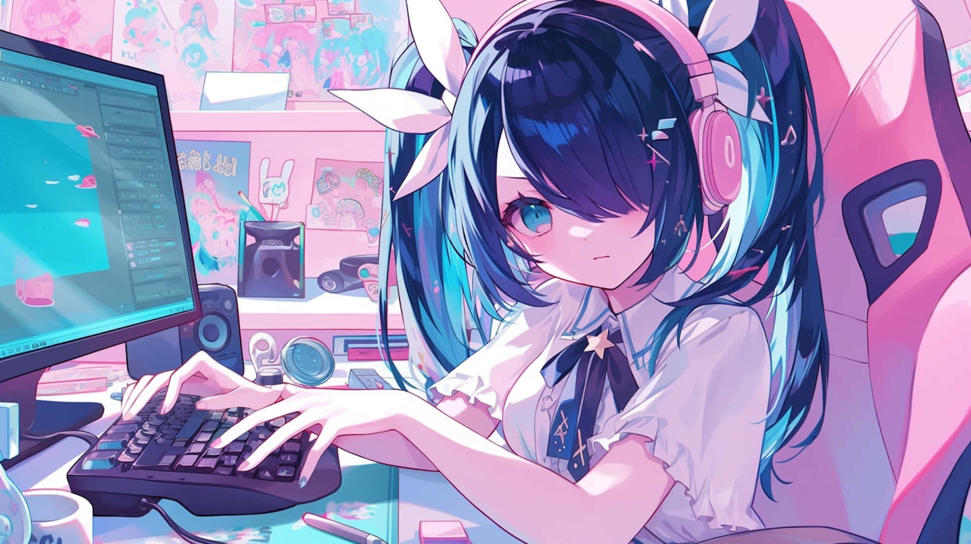 Anime Streamer Girl Gaming Setup Wallpaper