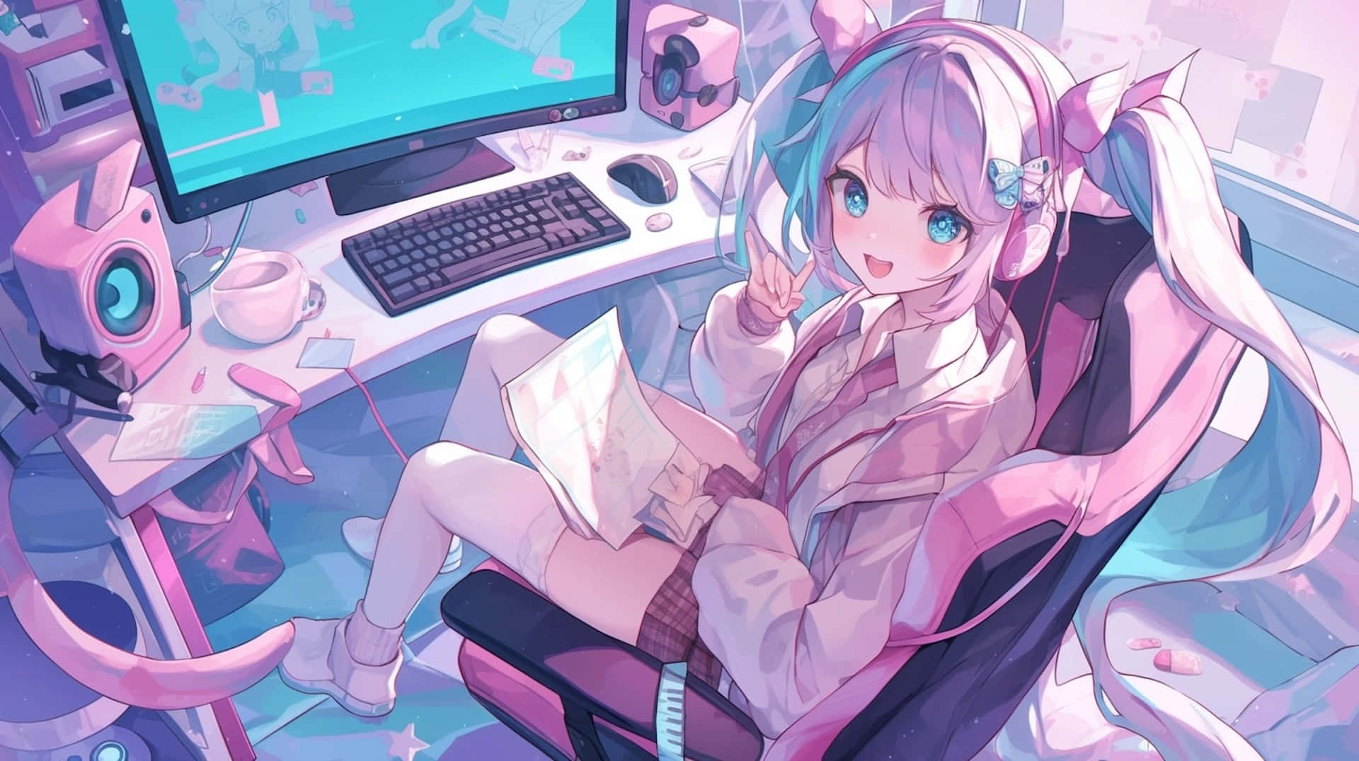 Anime Streamer Girl Gaming Setup Wallpaper