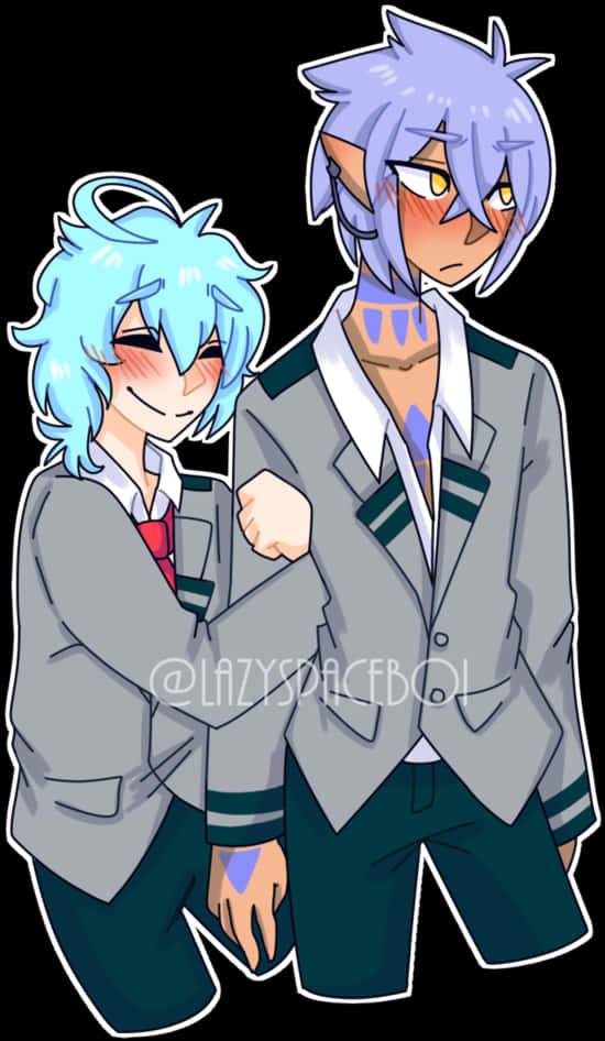 Anime Style Blue Haired Characters In Uniforms PNG