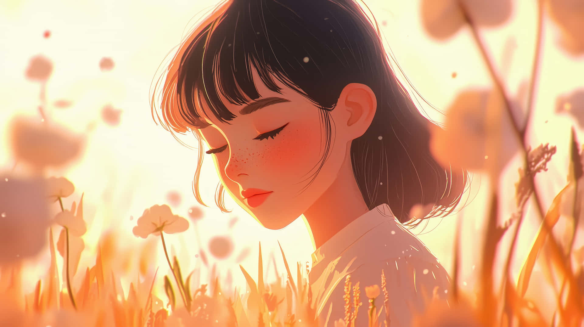 Anime-style Girl With Freckles In A Sunlit Meadow Of Flowers Wallpaper