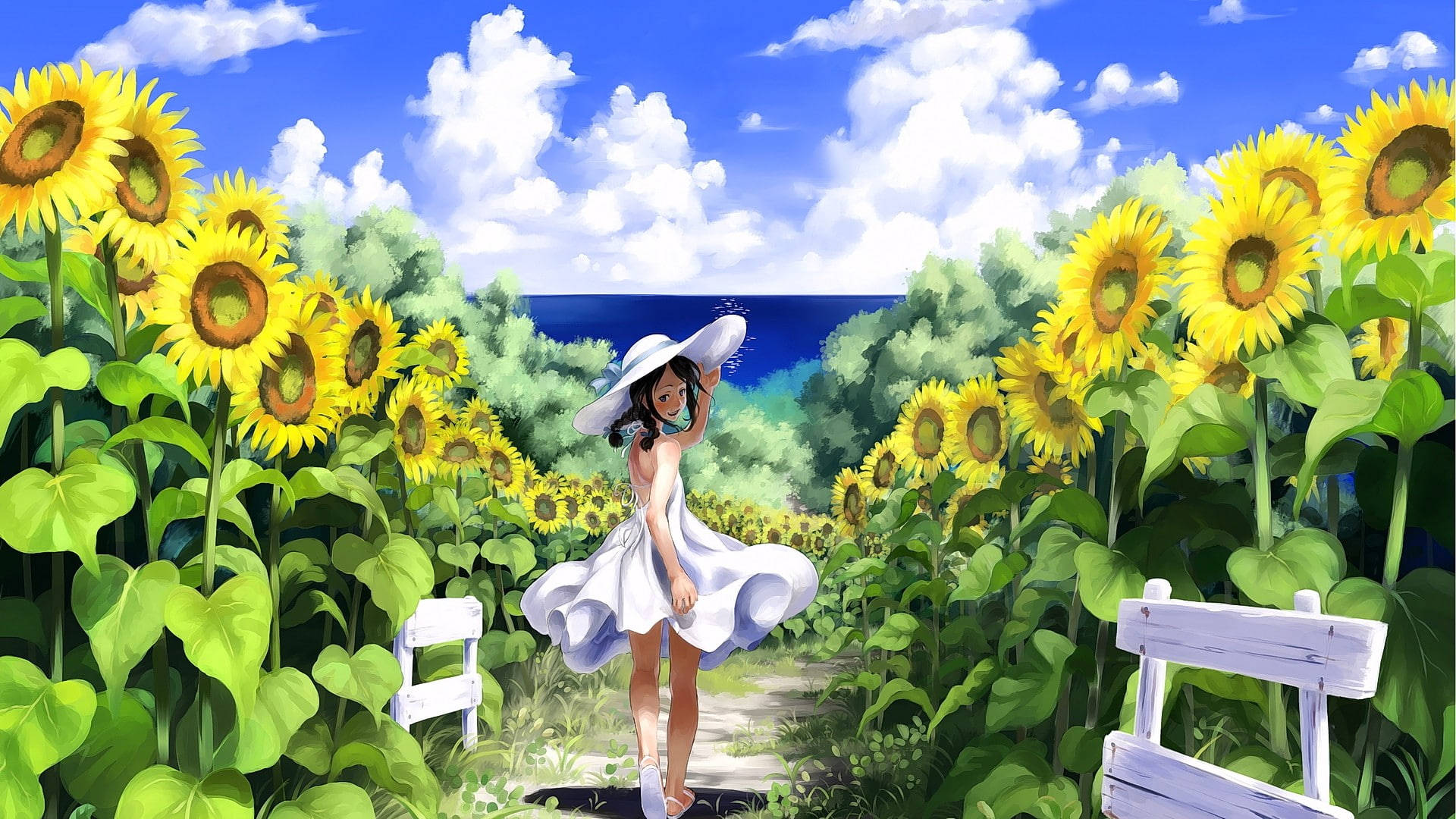 Anime Sunflower Field Laptop Wallpaper