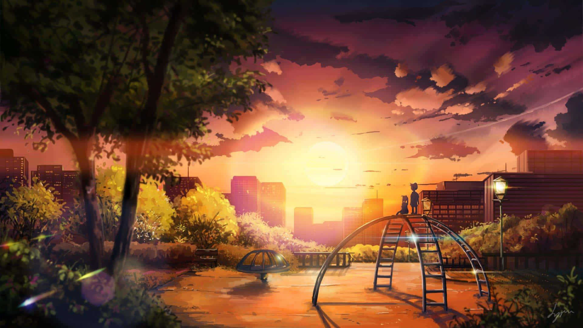 Cat Sunset City Scenery Anime Art 4K Wallpaper iPhone HD Phone #860i