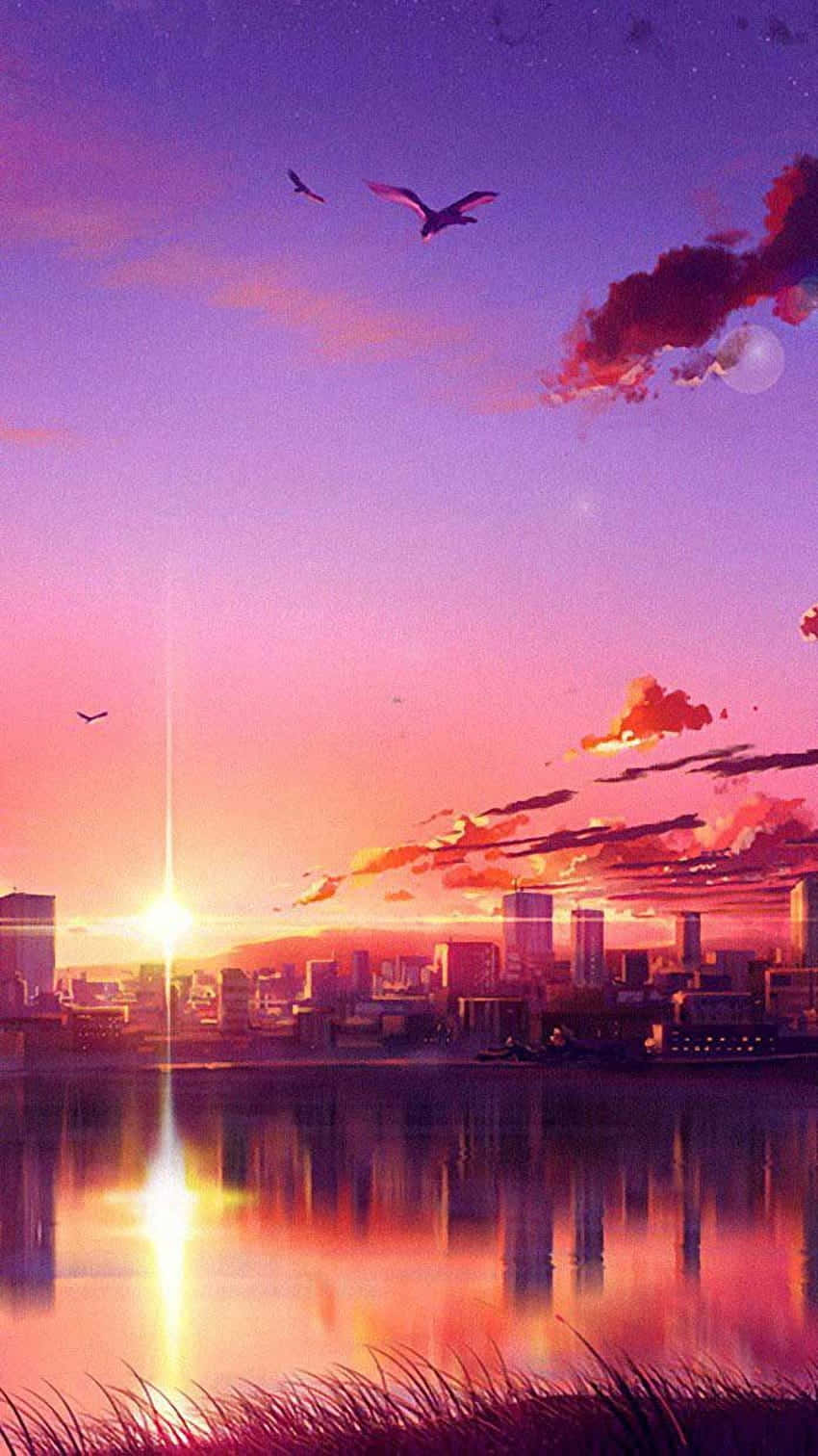 Capture this vibrant magical moment of an Anime Sunset seen through a phone. Wallpaper
