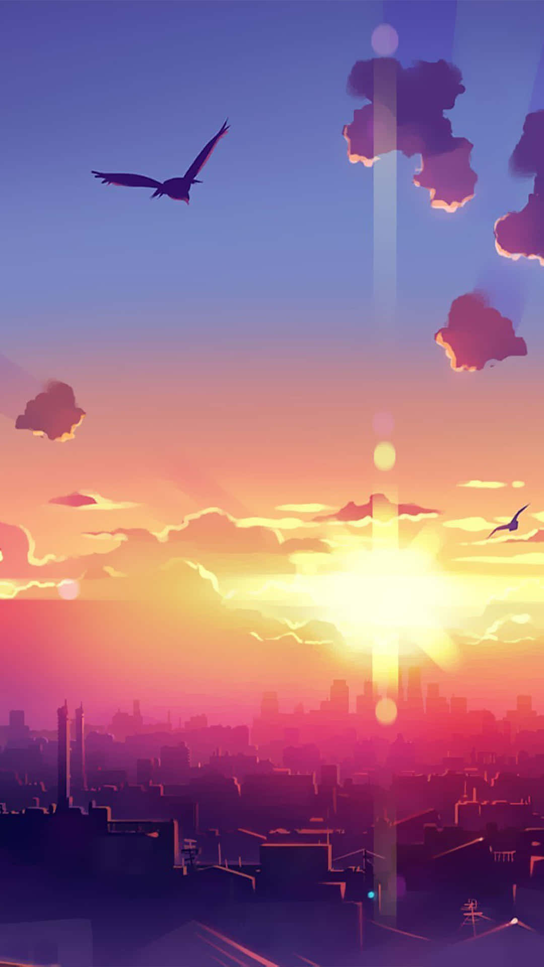 A City With A Sunset And Birds Flying Over It Wallpaper