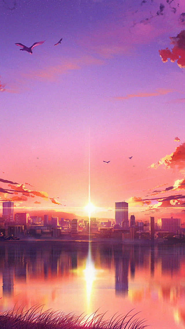 Image  A calming sunset view of a cityscape in an anime-inspired universe. Wallpaper