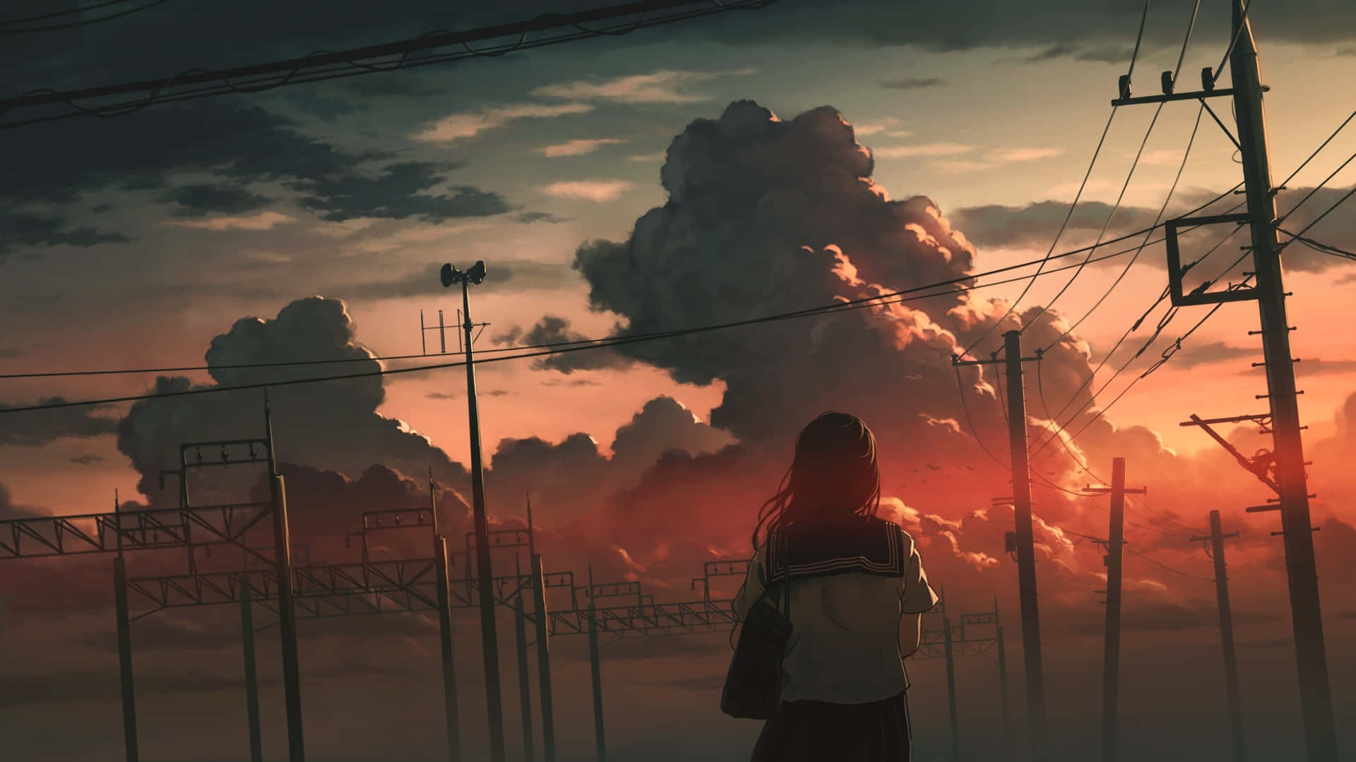 Schoolgirl Anime Sunset Cloudy Sky Wallpaper