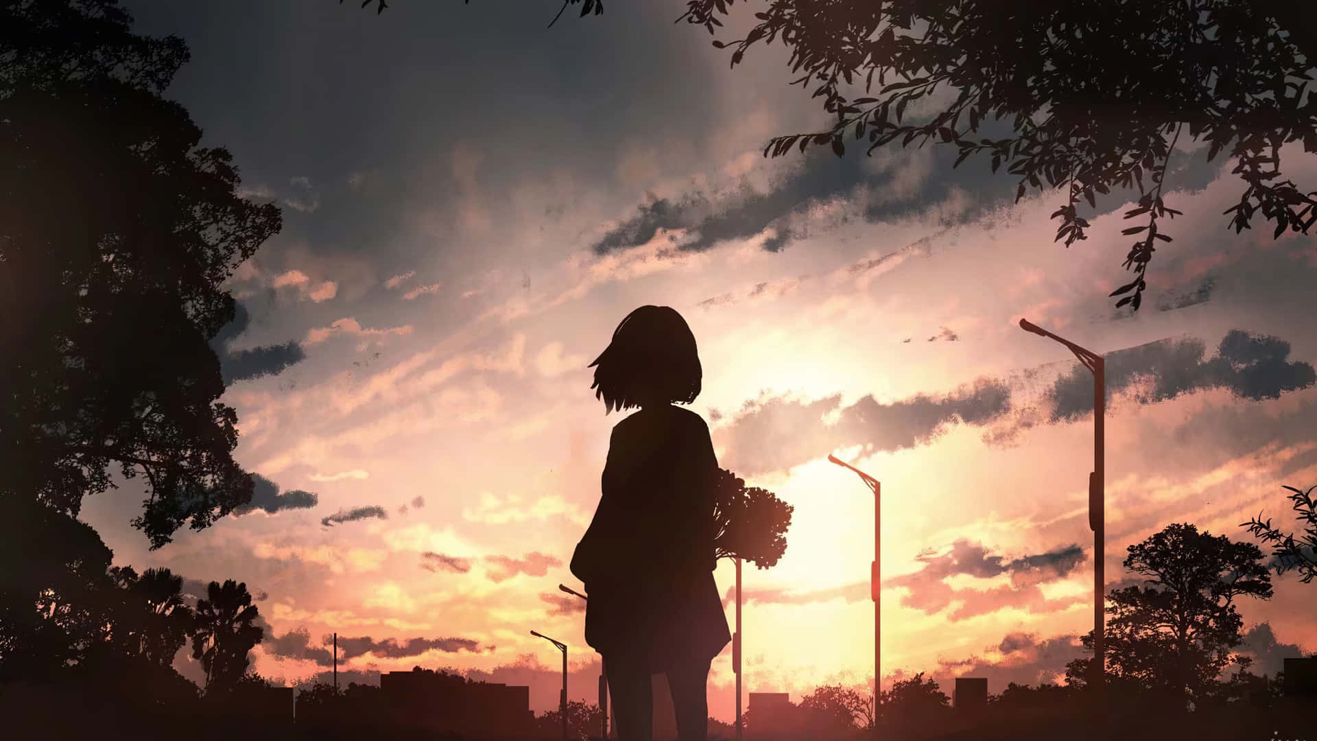 Anime Sunset With Girl Silhouette Wallpaper