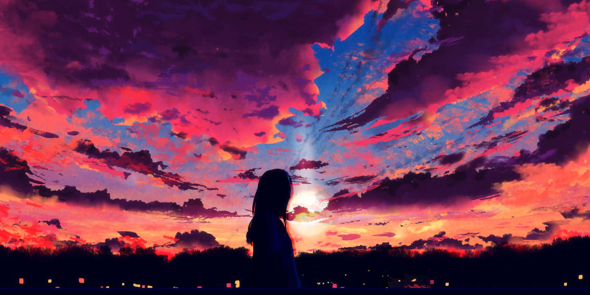 Download Girl Silhouette In Anime Sunset Sky Wallpaper 