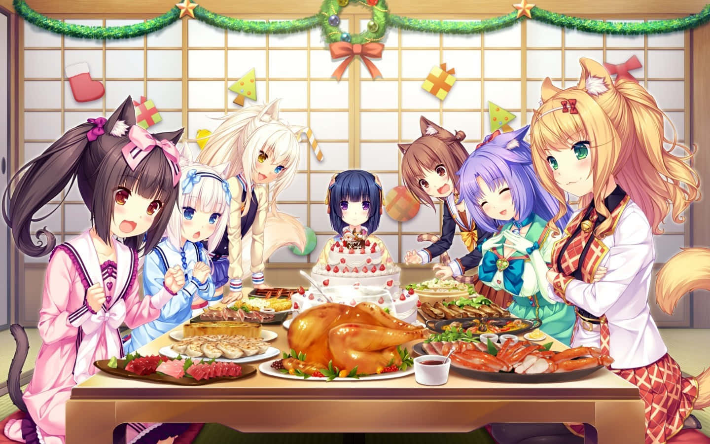 Animetjejer På Thanksgiving. Wallpaper