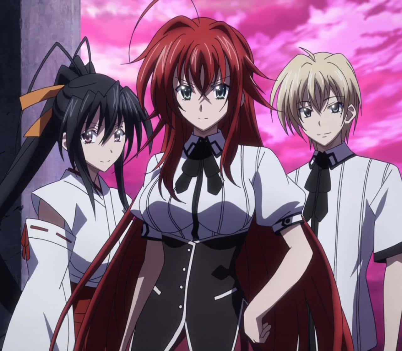 Anime Trio Met Roze Lucht Achtergrond Achtergrond