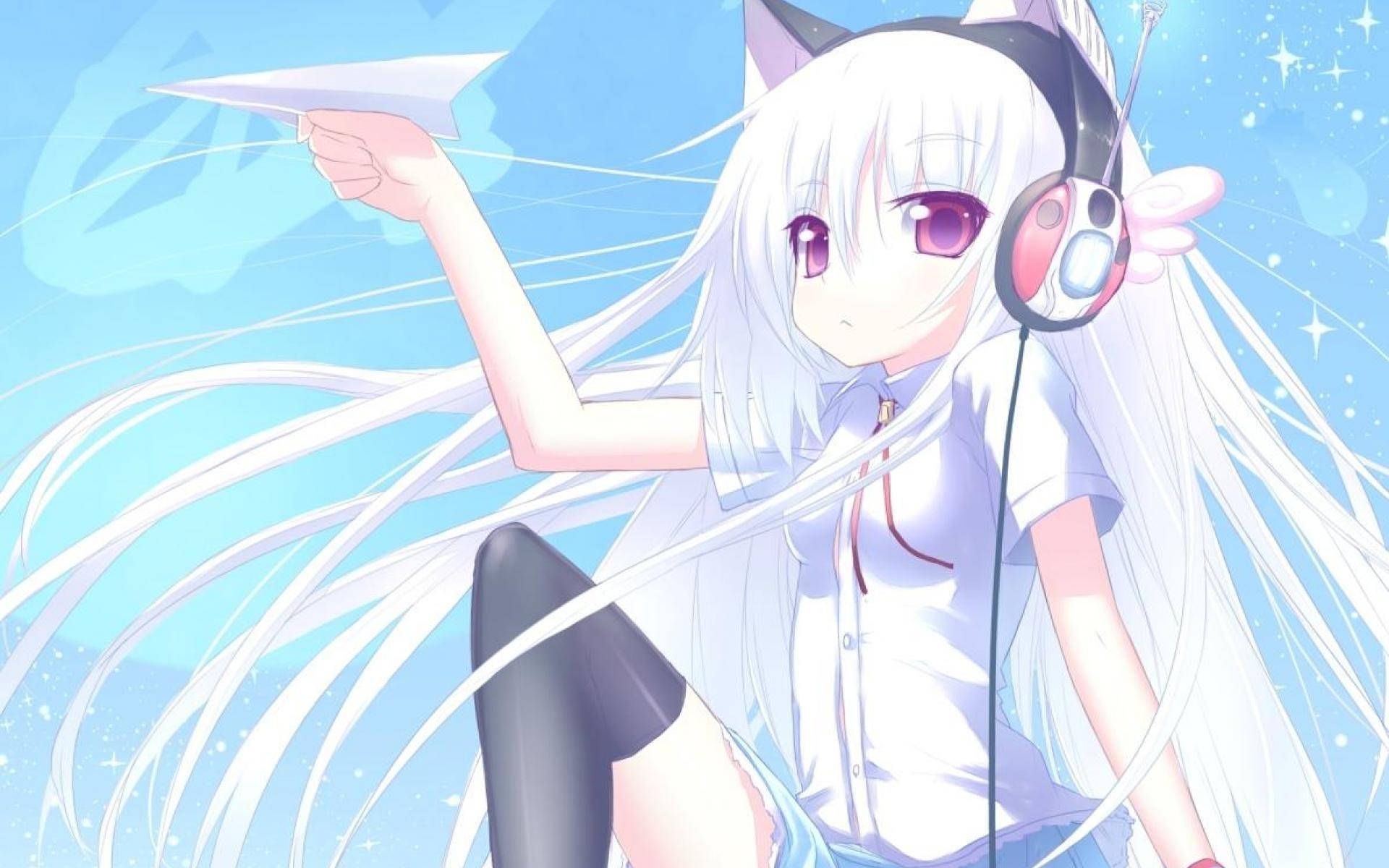 Anime Waifu Cat Girl Headphones Paper Airplane Wallpaper
