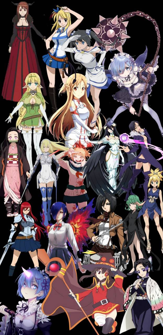 Animewaifu-karaktärer Collage Svart Estetisk. Wallpaper