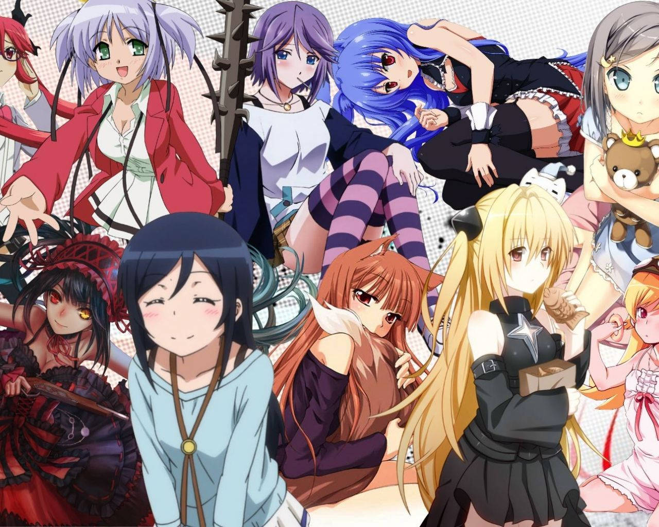 Anime Waifu Collage Characters On White Aesthetic Wallpaper