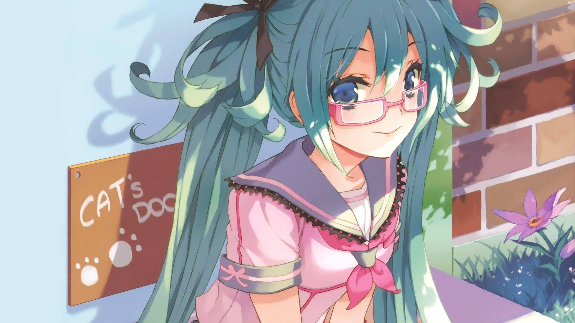 Anime Waifu Hatsune Miku Glasses And School Uniform Wallpaper