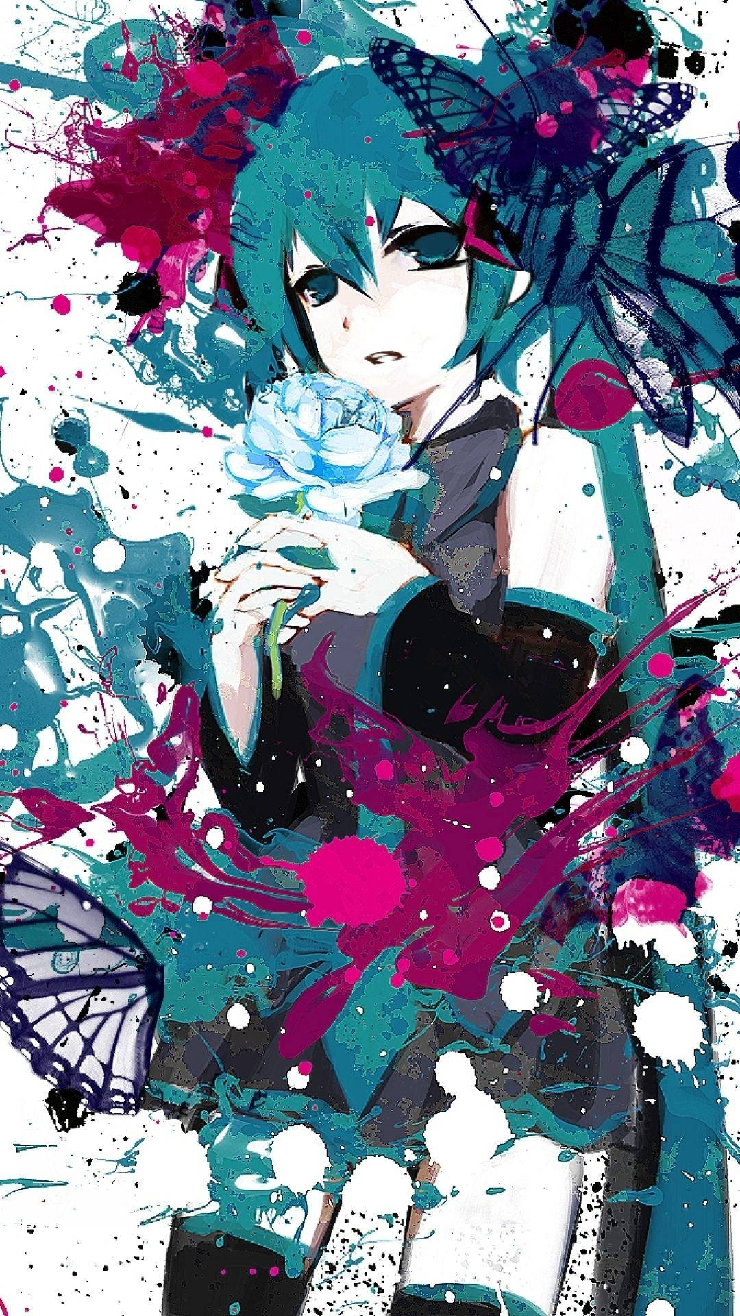 Animewaifu Hatsune Miku-målning Med Fjärilar. Wallpaper