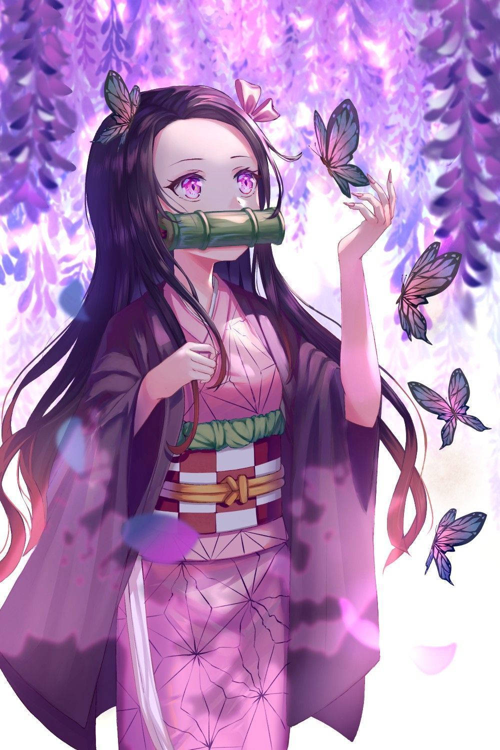 Animewaifu Nezuko Kamado Púrpura Estética. Fondo de pantalla