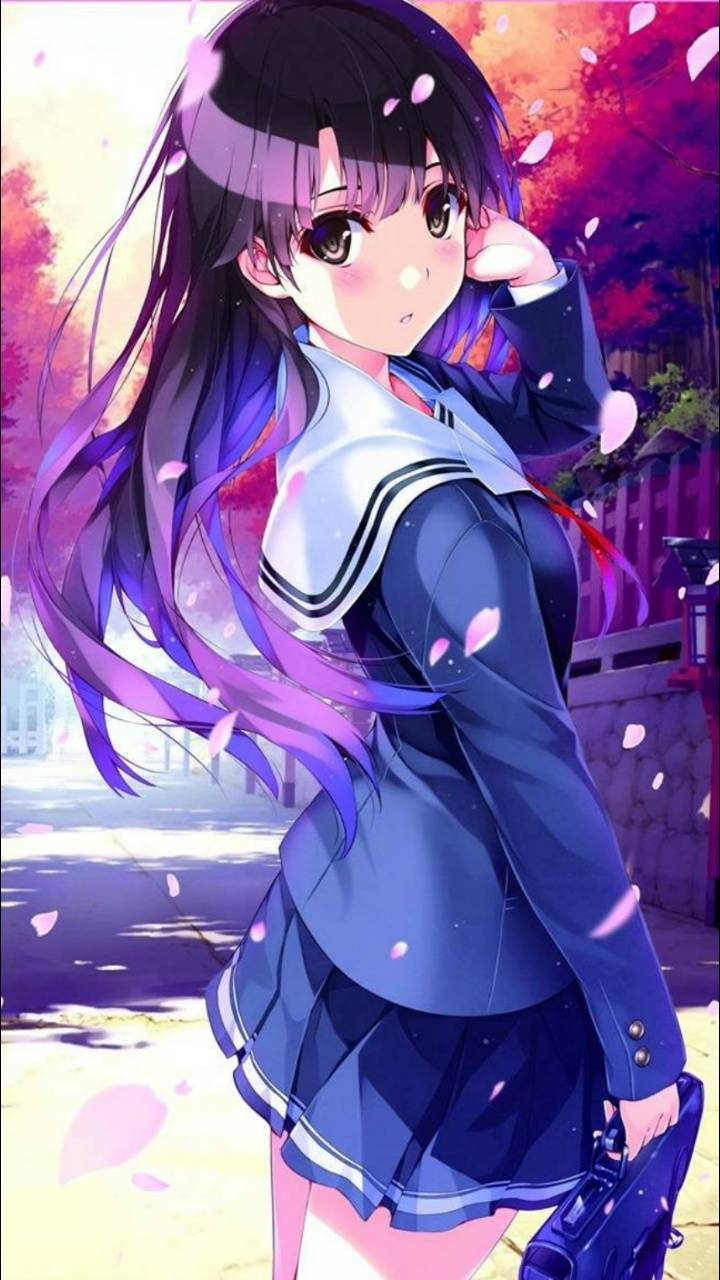 Anime Waifu Schoolgirl Cherry Blossoms Wallpaper