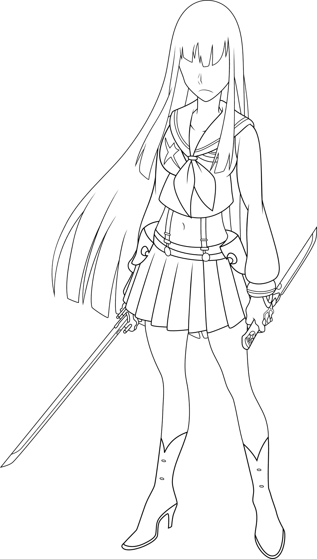Anime Warrior Girl Lineart PNG