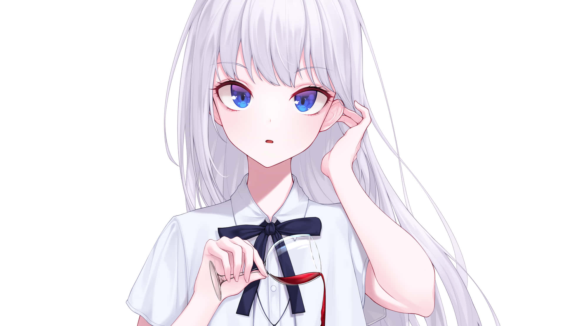 En smuk hvid anime-pige, der kigger væk. Wallpaper