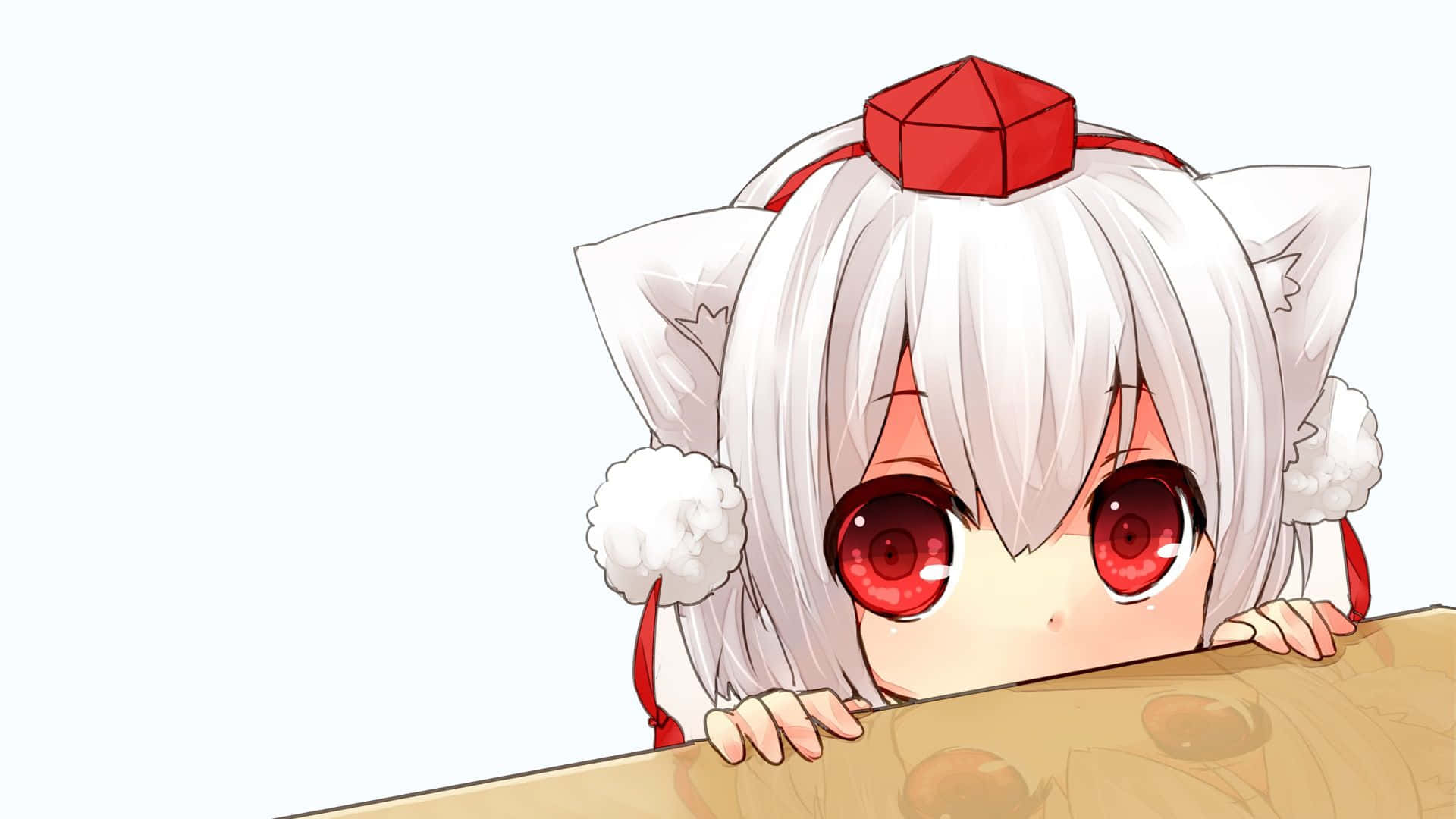 A Girl With Red Eyes Peeking Over A Table Wallpaper