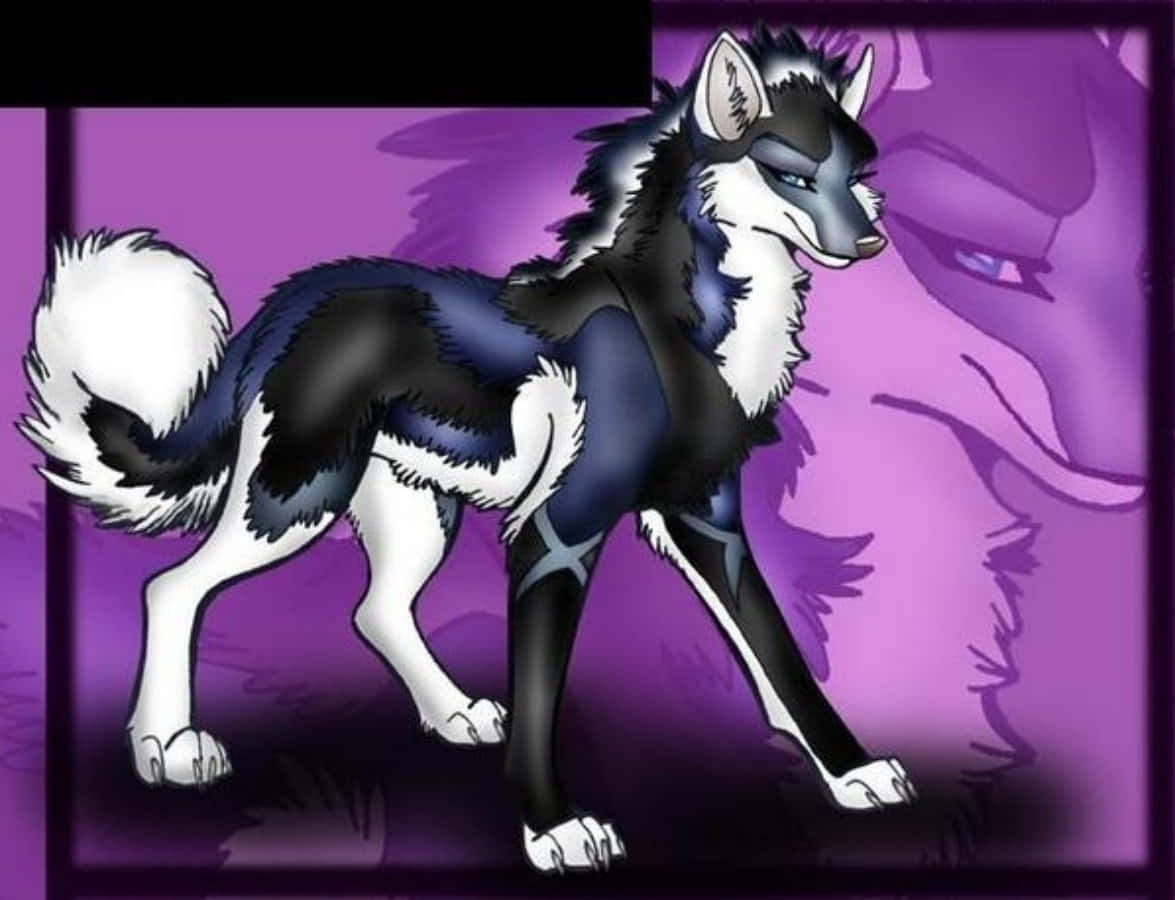 A Black And White Wolf With A Purple Background