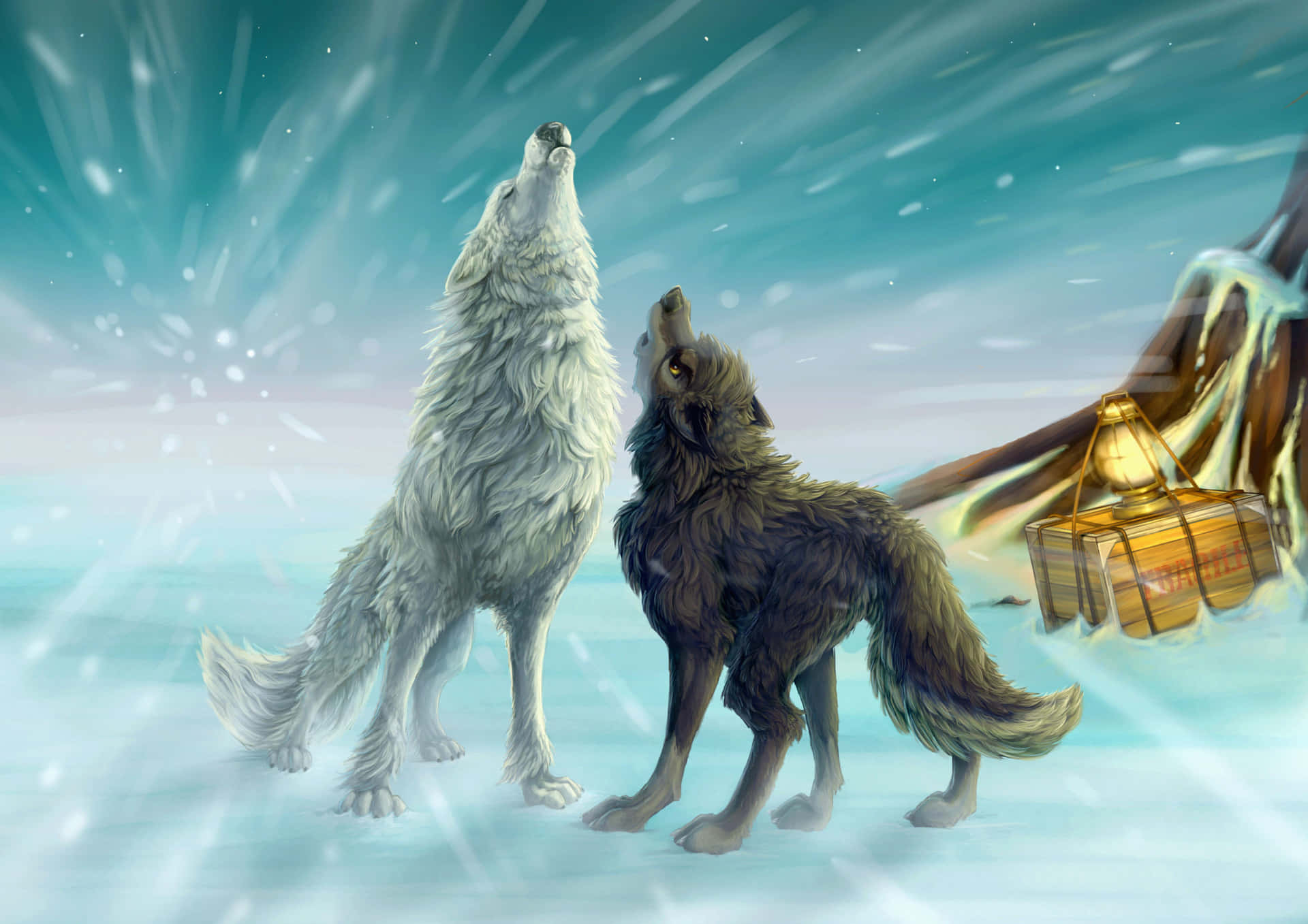 Download A lone anime wolf stands and surveys its snowy