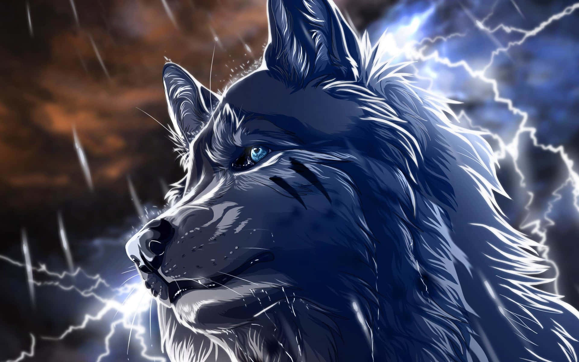 A Wolf With Blue Eyes And Lightning Behind It Wallpaper