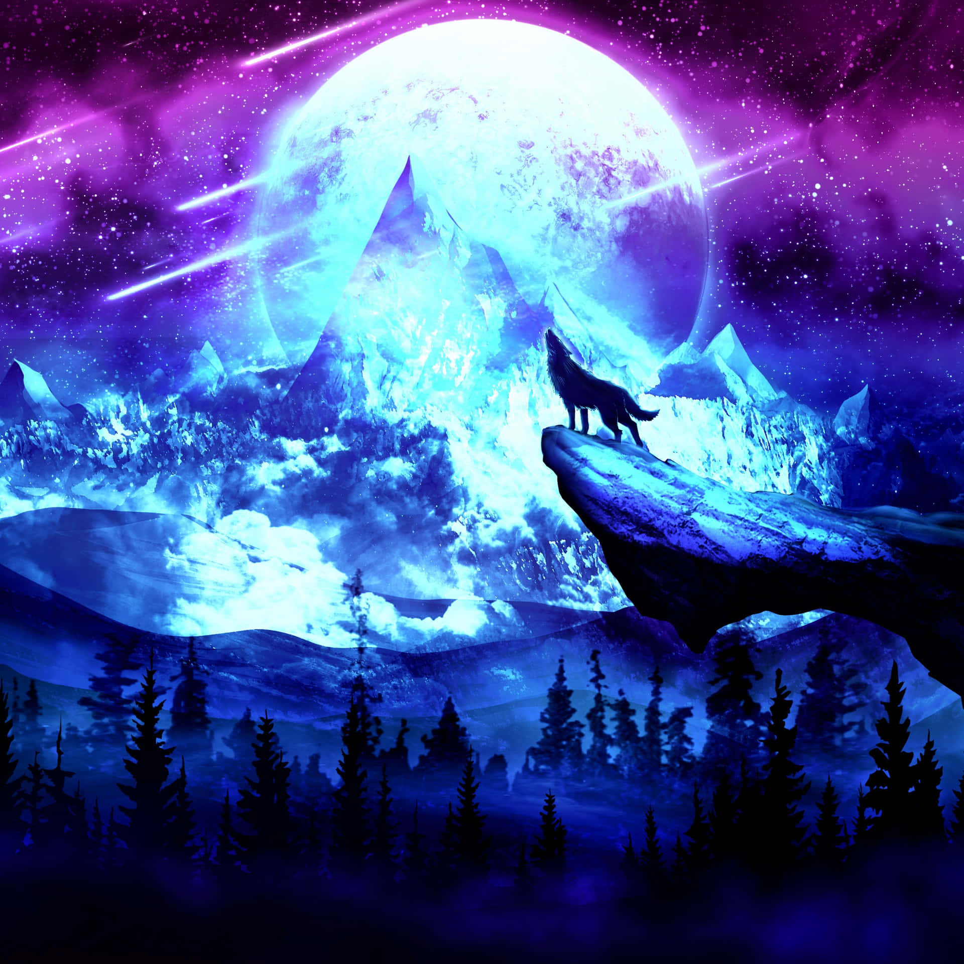 A Wolf Is Standing On A Mountain Top With A Full Moon Wallpaper