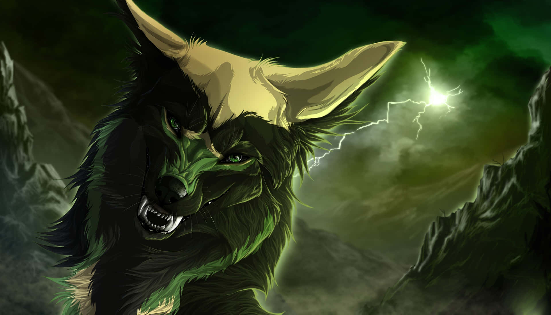 A Green Wolf With Lightning In Its Mouth Wallpaper