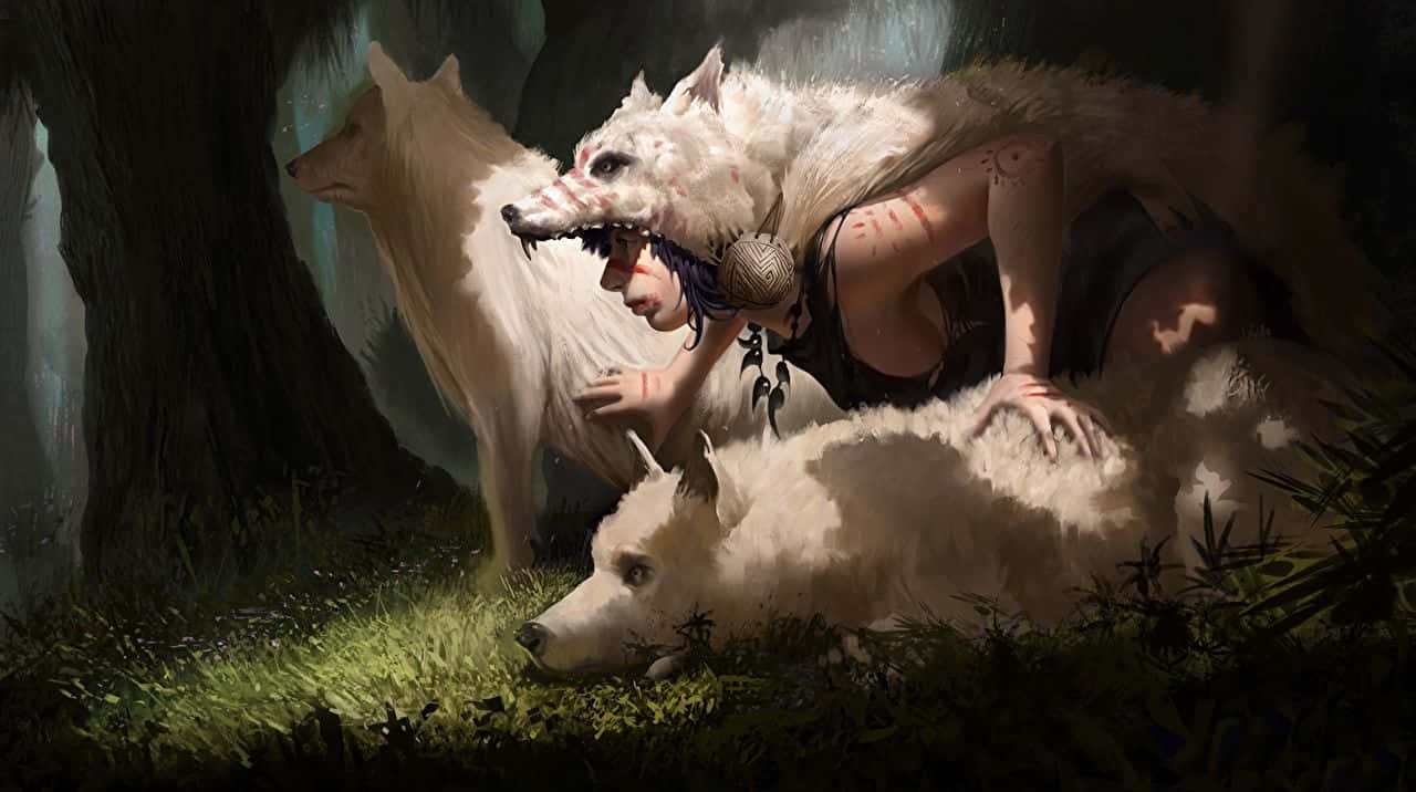 En kvinde sidder på en ulv i skoven Wallpaper