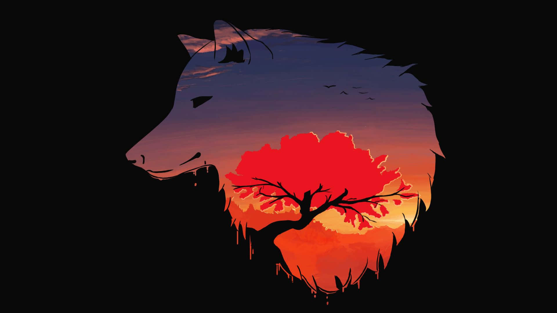 Wolf Silhouette With Tree And Sunset Wallpaper