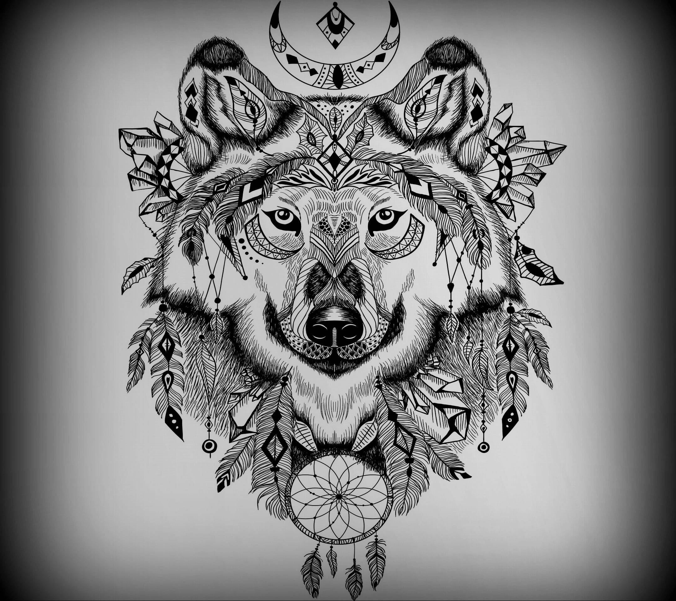Anime Wolf Black And White Tribal Drawing Wallpaper