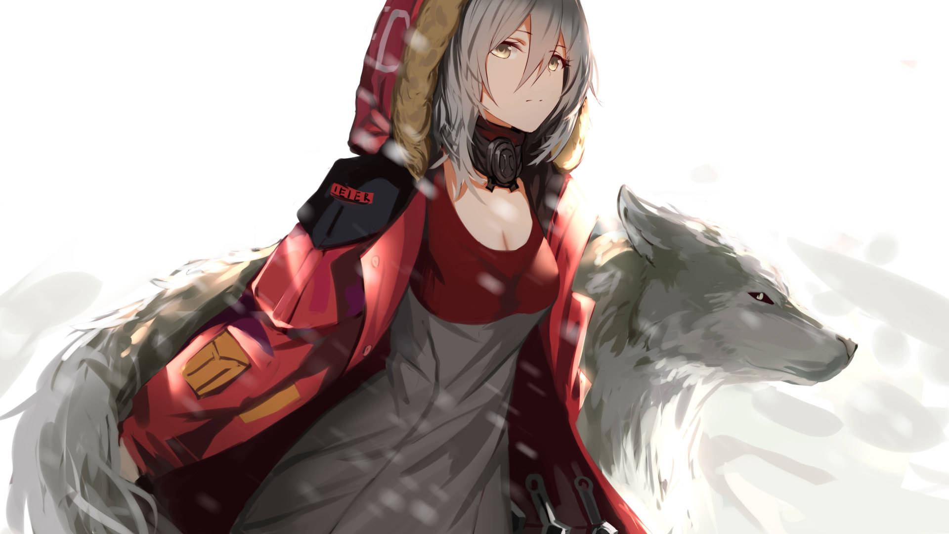 Anime Wolf Girl In Red Jacket Wallpaper