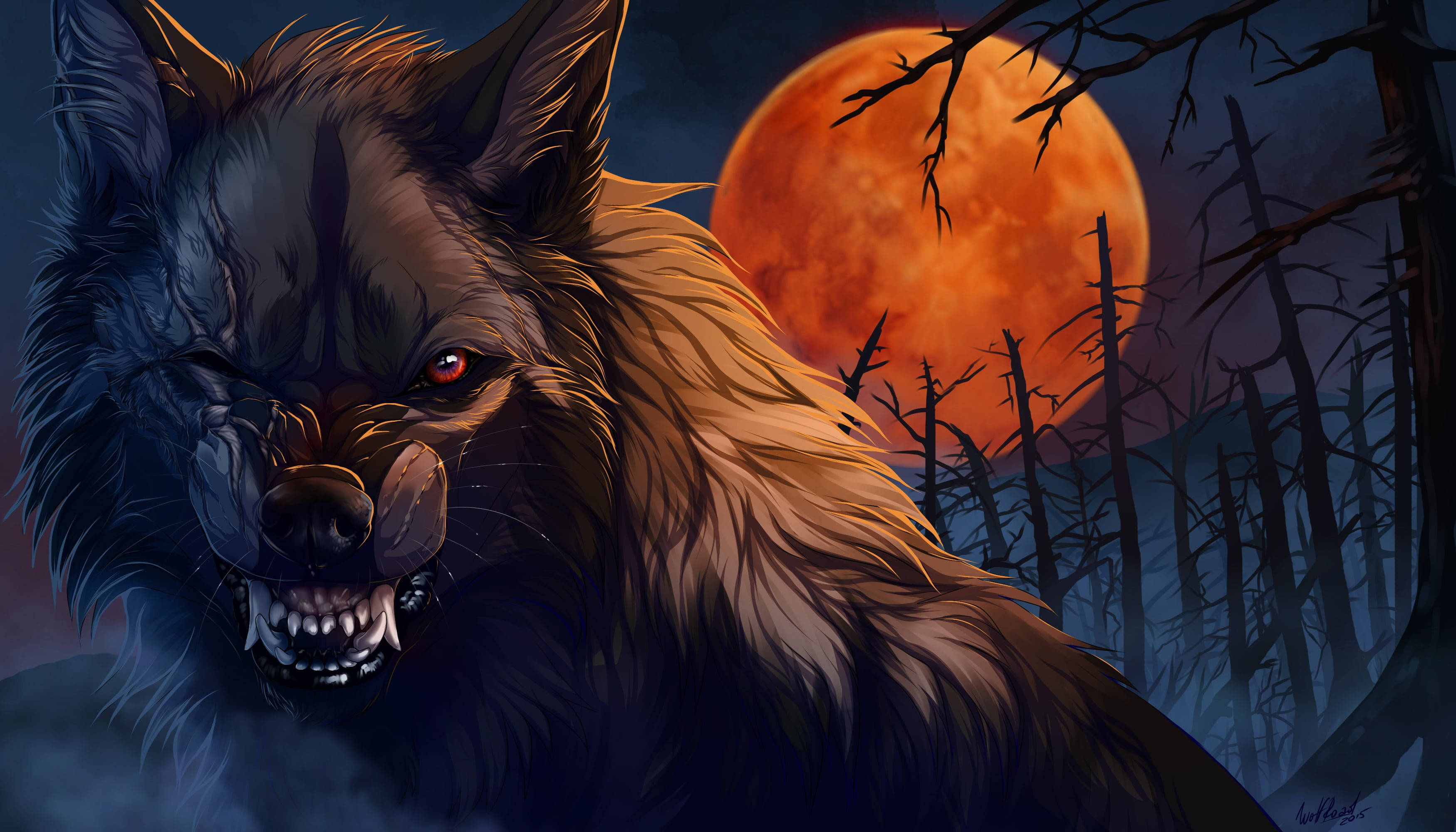 Anime Wolf One Eye Red Moon Forest Wallpaper