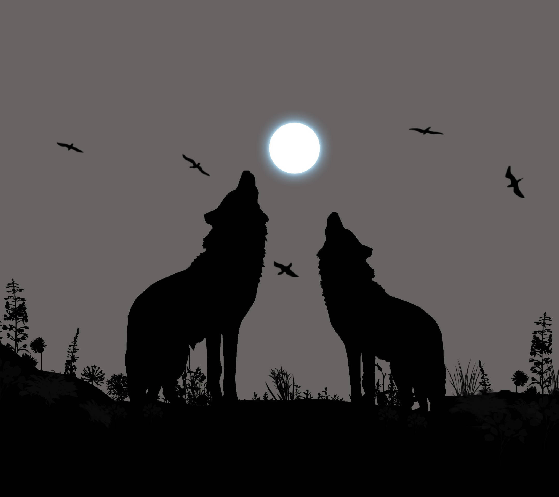 Anime Wolf Silhouettes Howling At Moon Wallpaper
