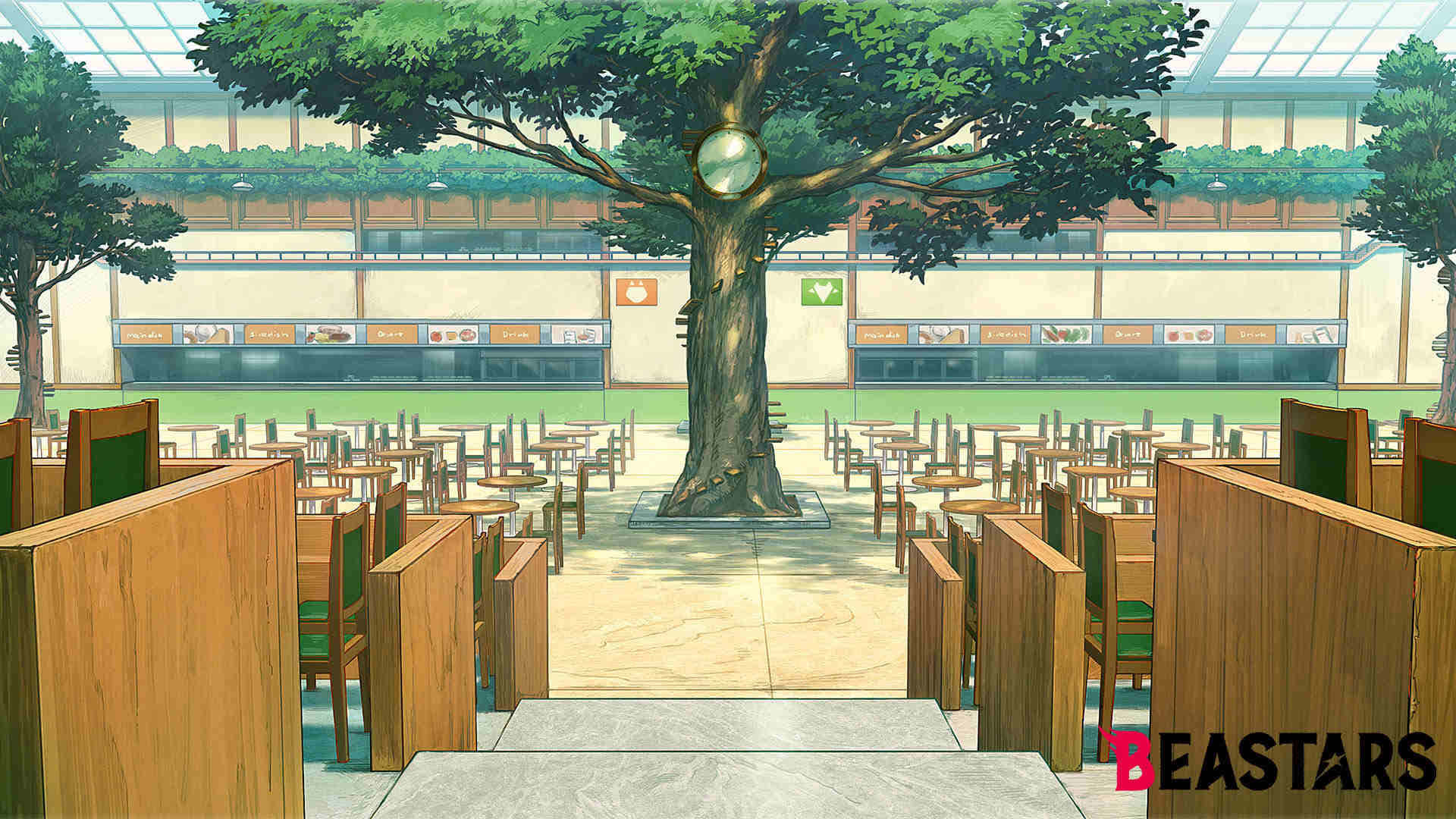 A Restaurant With Tables And Chairs In Front Of A Tree